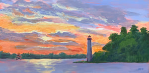 Madisonville Lighthouse - Sunset, 12" x 24", acrylic on cradled board